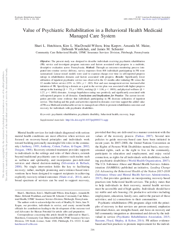 (PDF) Value of psychiatric rehabilitation in a behavioral health ...