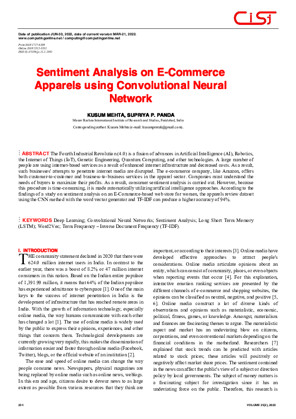 (PDF) Sentiment Analysis on E-Commerce Apparels using Convolutional ...