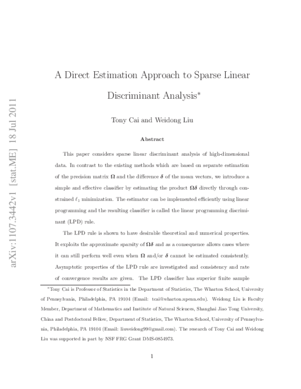 (PDF) A Direct Estimation Approach to Sparse Linear Discriminant Analysis