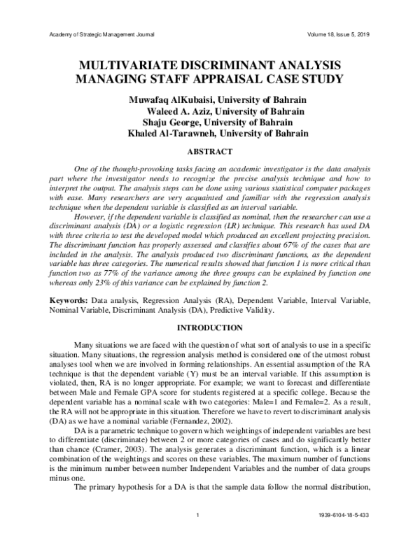 (PDF) Multivariate Discriminant Analysis Managing Staff Appraisal Case ...