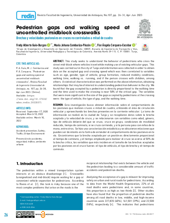 (PDF) Pedestrian gaps and walking speed at uncontrolled midblock crosswalks