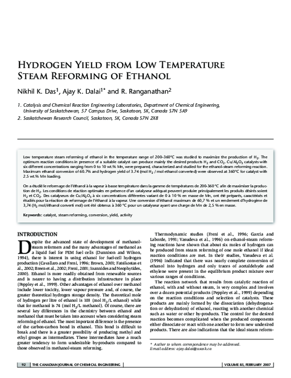 (PDF) Hydrogen Yield from Low Temperature Steam Reforming of Ethanol