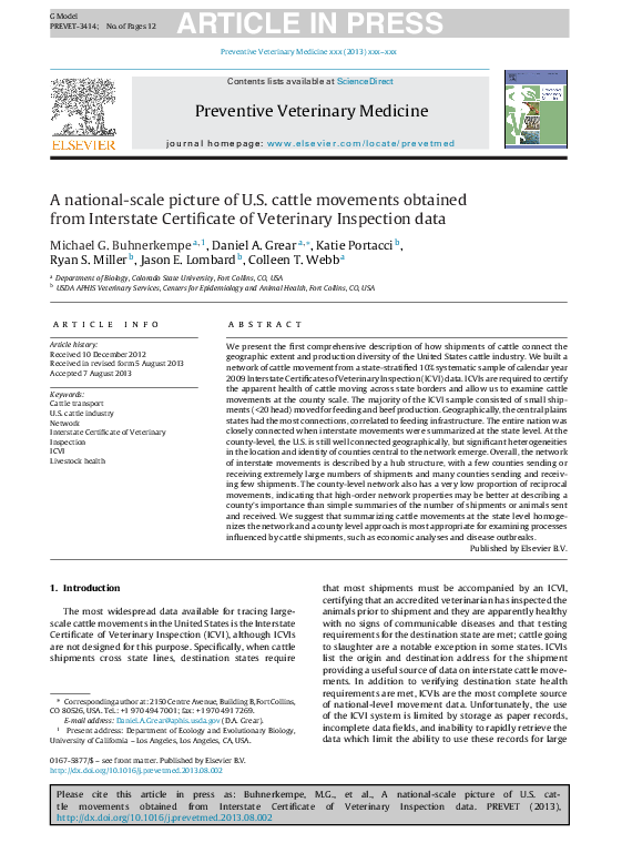 (PDF) A nationalscale picture of U.S. cattle movements obtained from