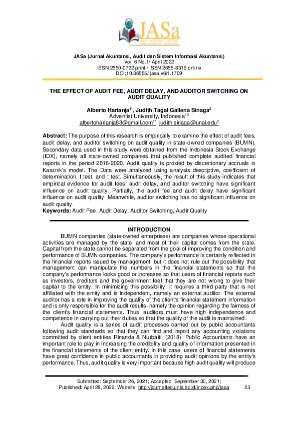 (PDF) The Effect of Audit Fee, Audit Delay, and Auditor Switching on ...