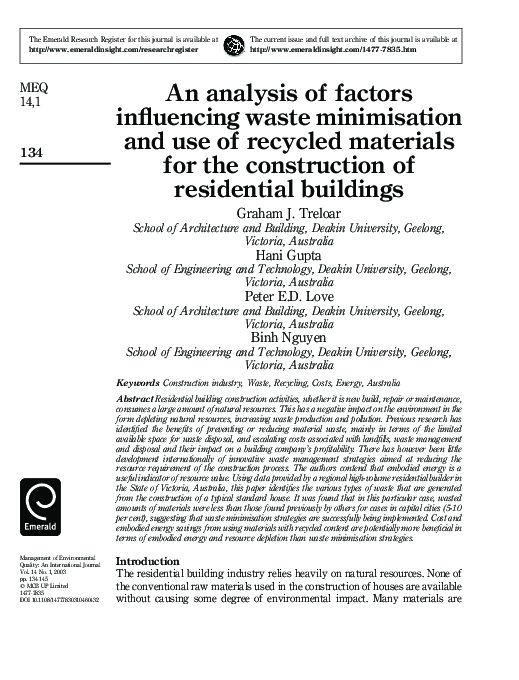 (PDF) An analysis of factors influencing waste minimisation and use of ...