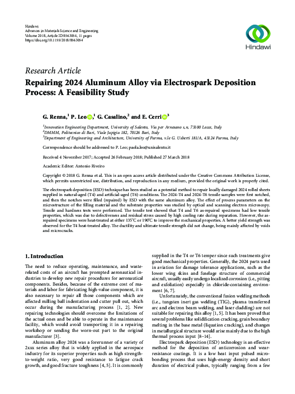 (PDF) Repairing 2024 Aluminum Alloy via Electrospark Deposition Process ...