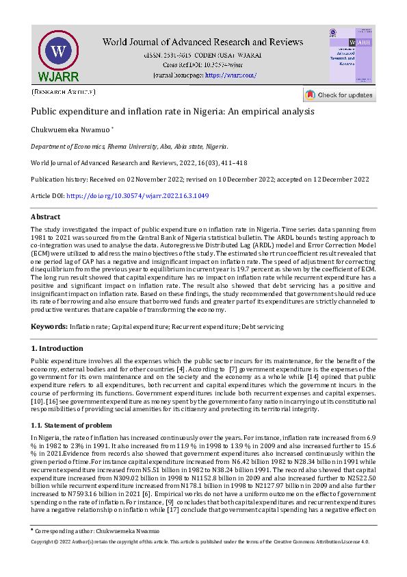 (PDF) Public expenditure and inflation rate in Nigeria: An empirical ...