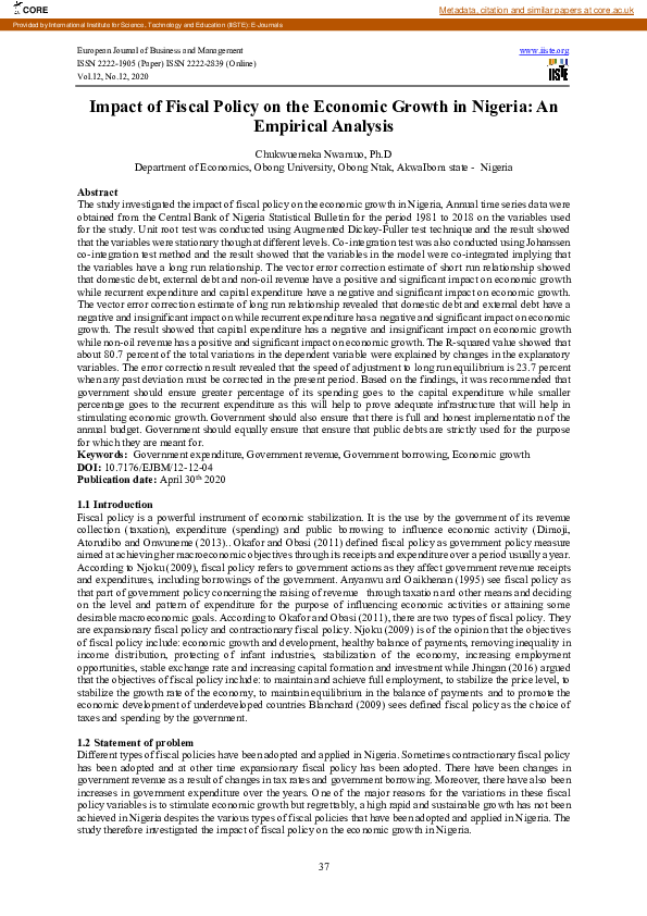 (PDF) Impact of Fiscal Policy on the Economic Growth in Nigeria: An ...