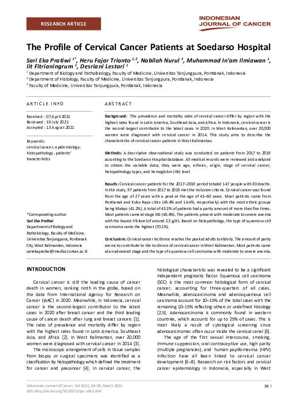 (PDF) The Profile of Cervical Cancer Patients at Soedarso Hospital