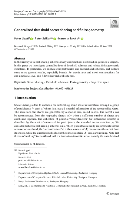 (PDF) Generalized threshold secret sharing and finite geometry