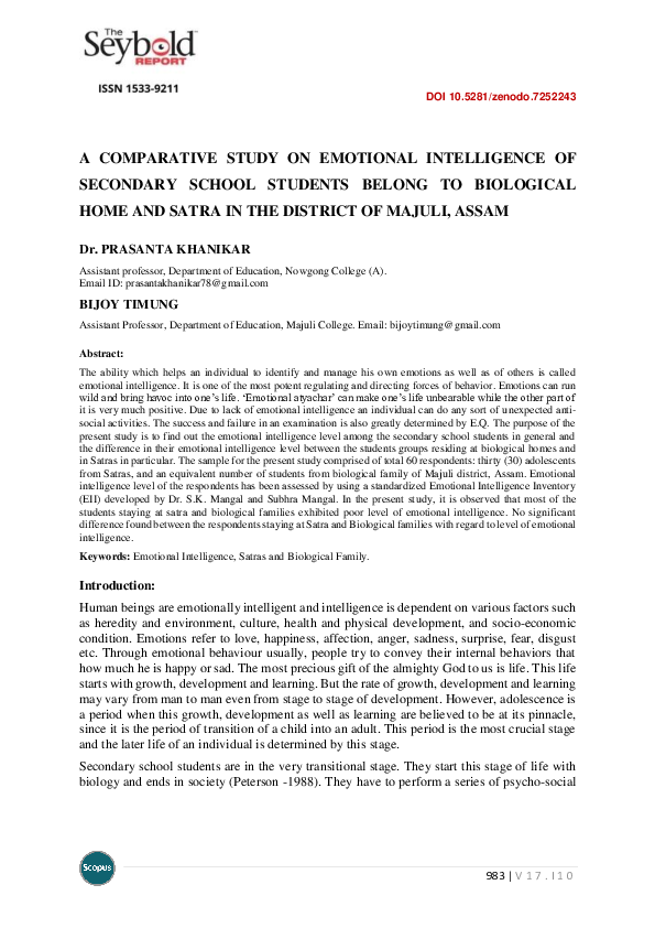 (PDF) A Comparative Study on Emotional Intelligence of Secondary School ...
