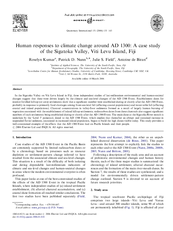 (PDF) Human responses to climate change around AD 1300: A case study of ...