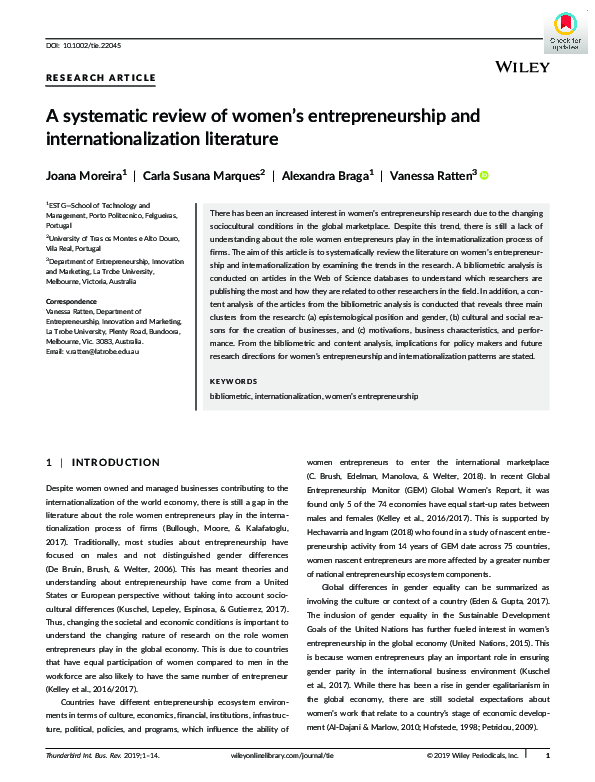 (PDF) A systematic review of women's entrepreneurship and ...