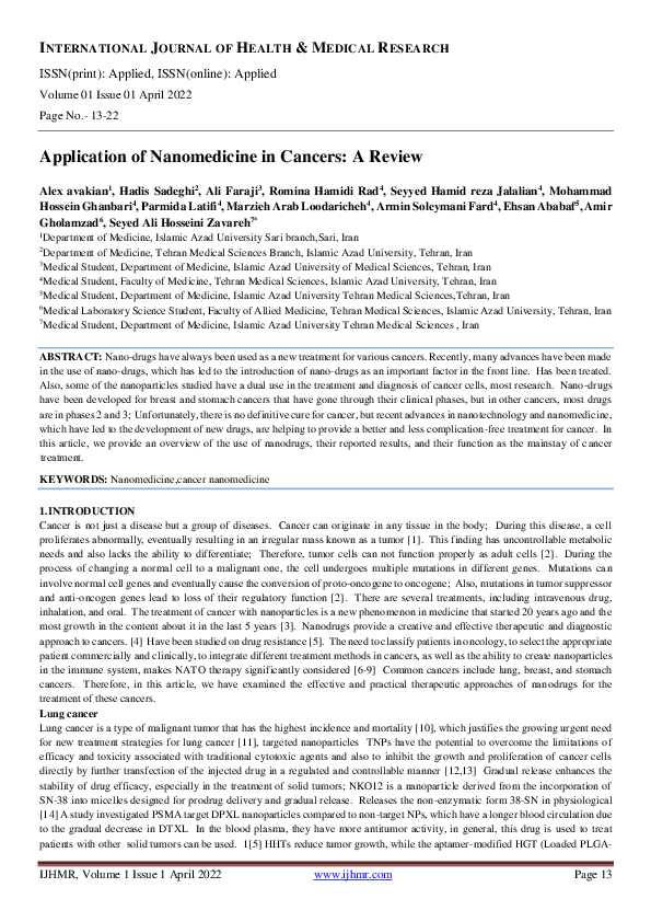(PDF) Application of Nanomedicine in Cancers: A Review