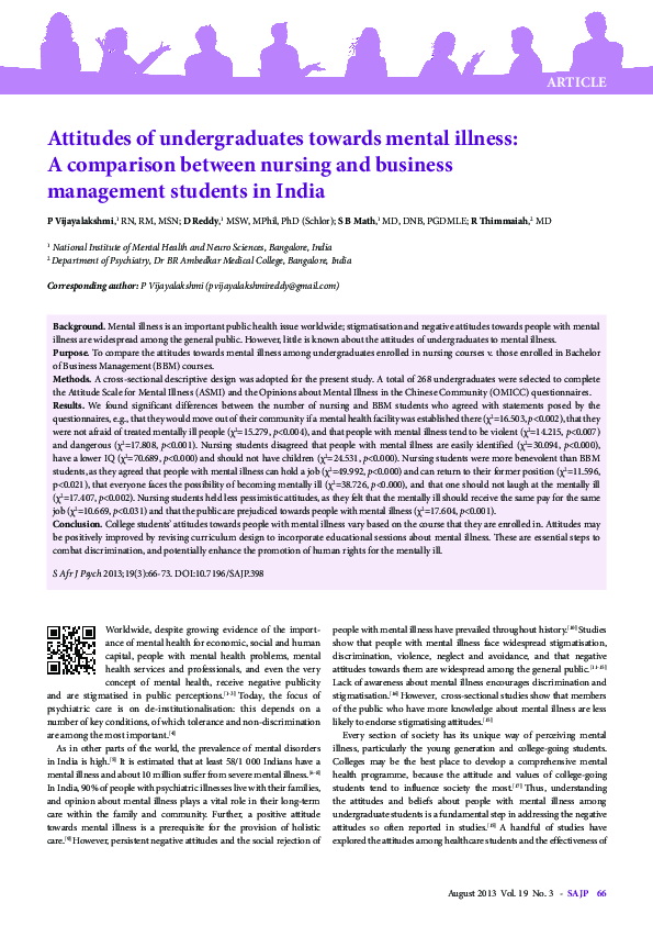 (PDF) Attitudes of undergraduates towards mental illness: A comparison ...