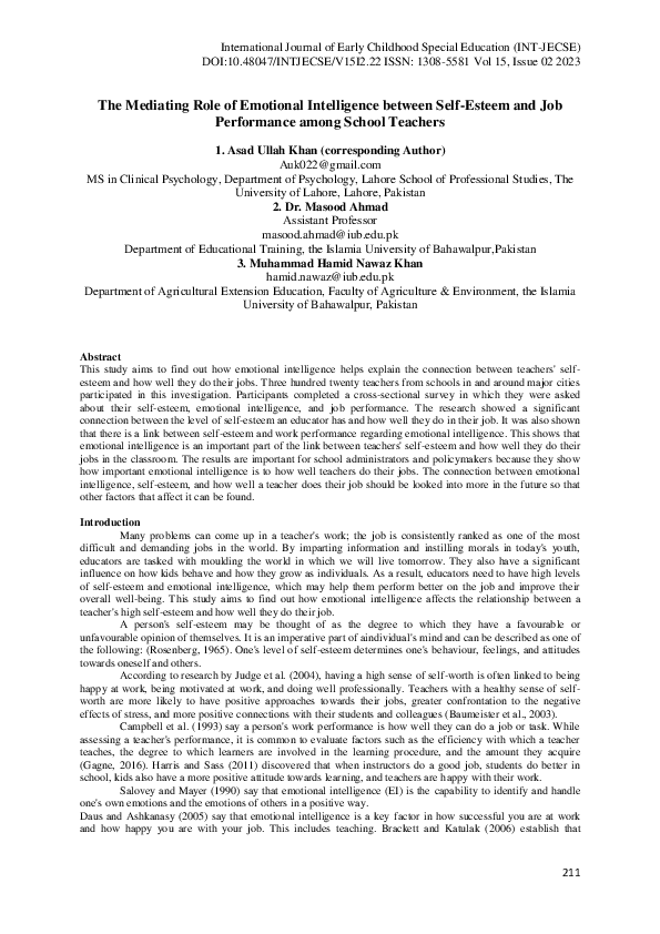 (PDF) The Mediating Role of Emotional Intelligence between Self-Esteem ...