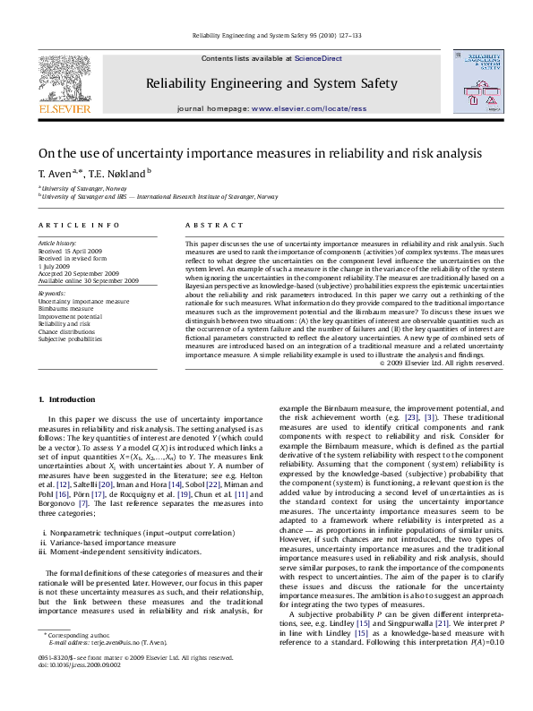 (PDF) On the use of uncertainty importance measures in reliability and ...