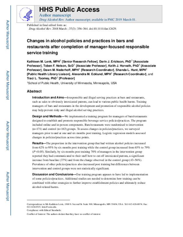 (PDF) Changes in alcohol policies and practices in bars and restaurants ...