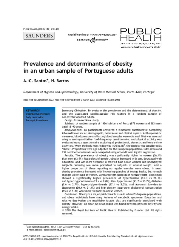 (PDF) Prevalence and determinants of obesity in an urban sample of ...