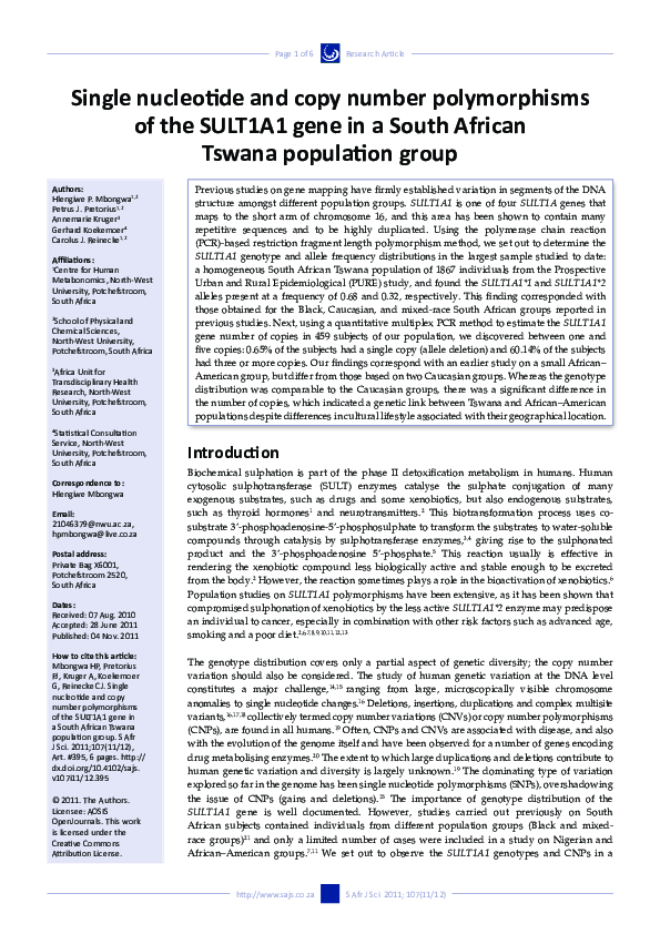 (PDF) Single nucleotide and copy number polymorphisms of the SULT1A1 ...
