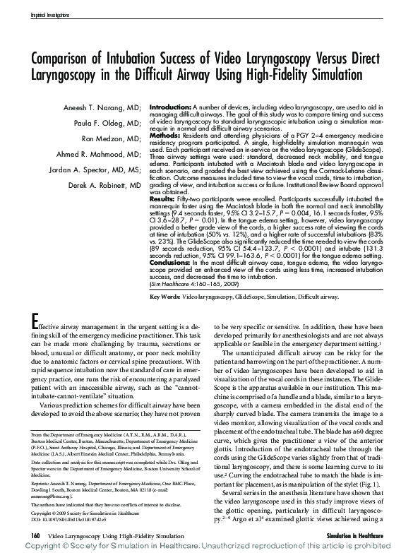 (PDF) Comparison of Intubation Success of Videolaryngoscopy versus