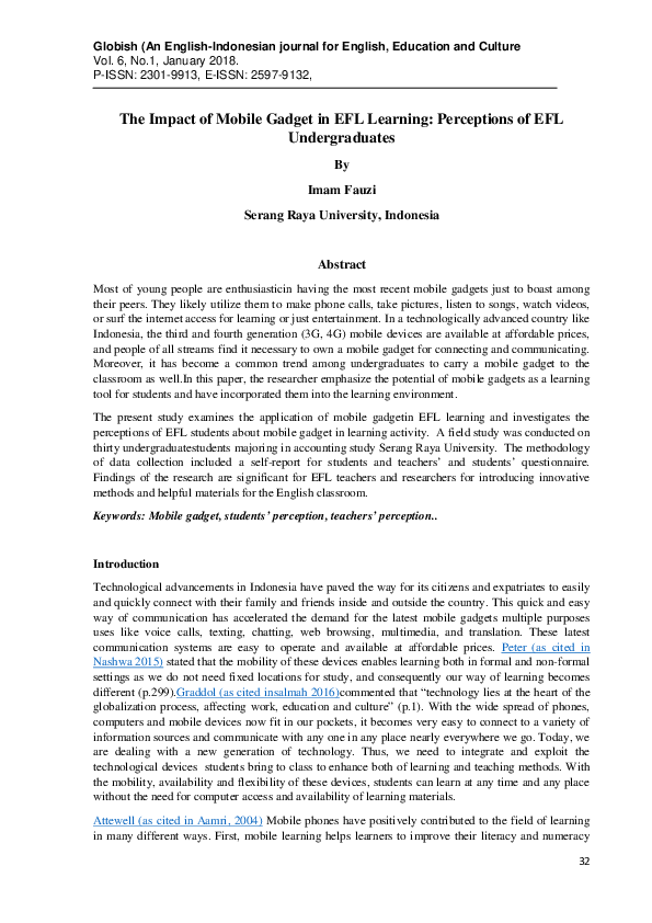 (PDF) The Impact of Mobile Gadget in EFL Learning: Perceptions of EFL ...