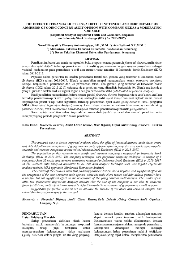 (PDF) THE EFFECT OF FINANCIAL DISTRESS, AUDIT CLIENT TENURE AND DEBT ...