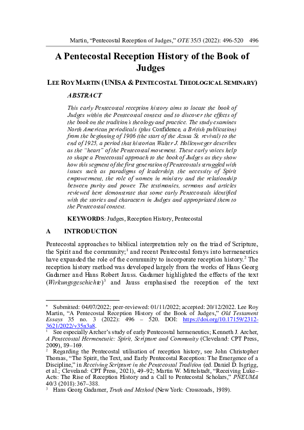 (PDF) A Pentecostal Reception History of the Book of Judges