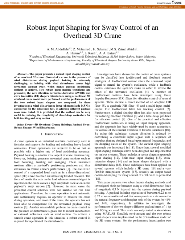 (PDF) Robust input shaping for sway control of an overhead 3D crane