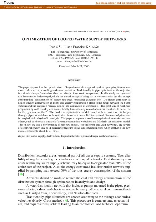 (PDF) Optimization of looped water supply networks