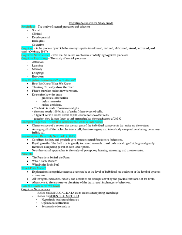 (DOC) Cognitive Neuroscience Study Guide