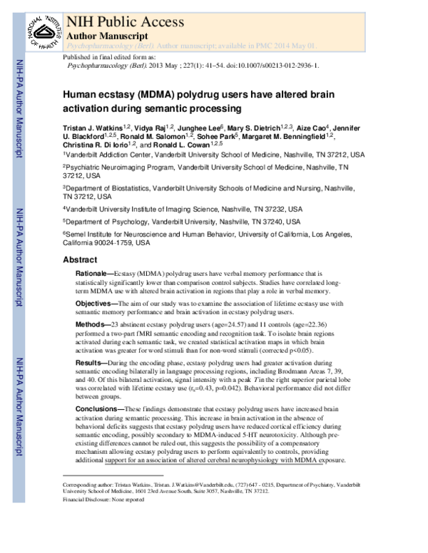 (PDF) Human ecstasy (MDMA) polydrug users have altered brain activation ...