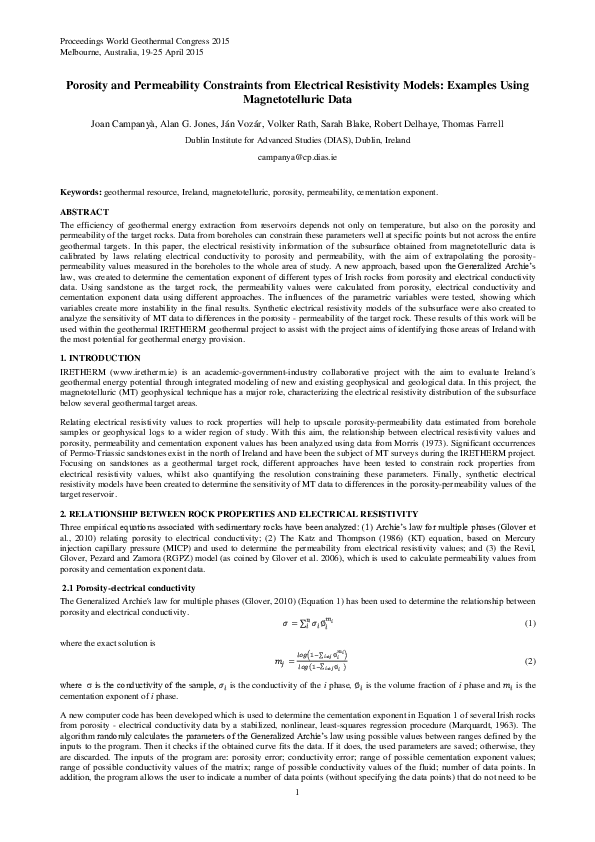 (PDF) Porosity and Permeability Constraints from Electrical Resistivity ...