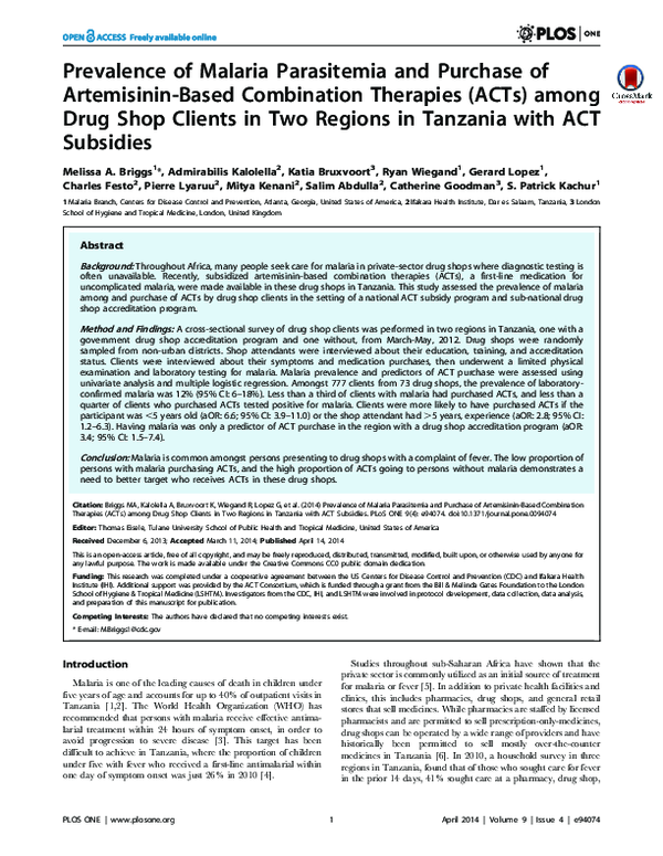 (PDF) Prevalence of Malaria Parasitemia and Purchase of Artemisinin ...