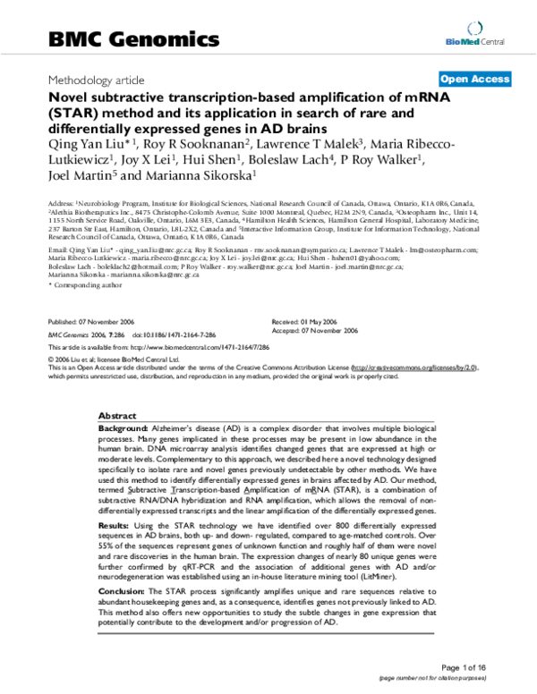 (PDF) Novel subtractive transcription-based amplification of mRNA (STAR ...