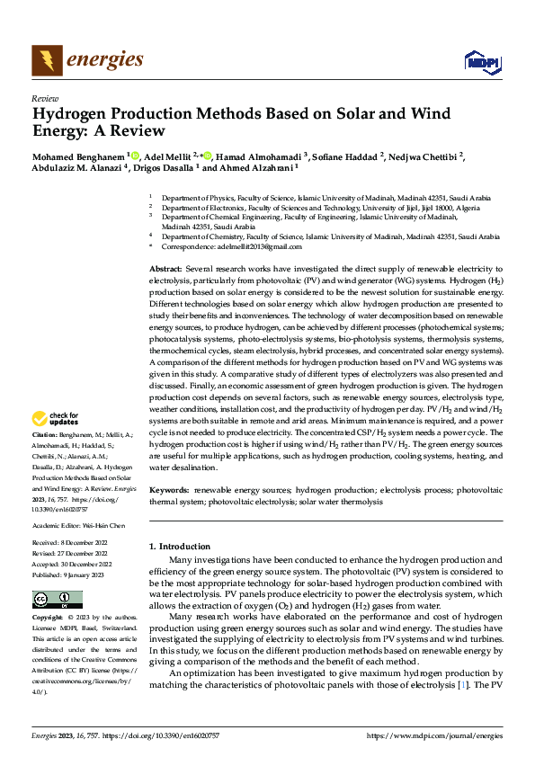 (PDF) Hydrogen Production Methods Based on Solar and Wind Energy: A Review