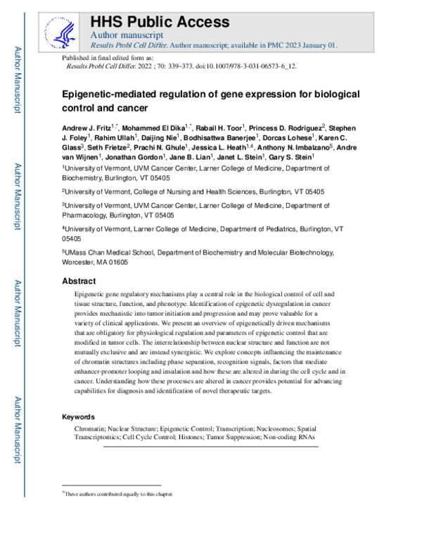 (PDF) Epigenetic-Mediated Regulation of Gene Expression for Biological ...