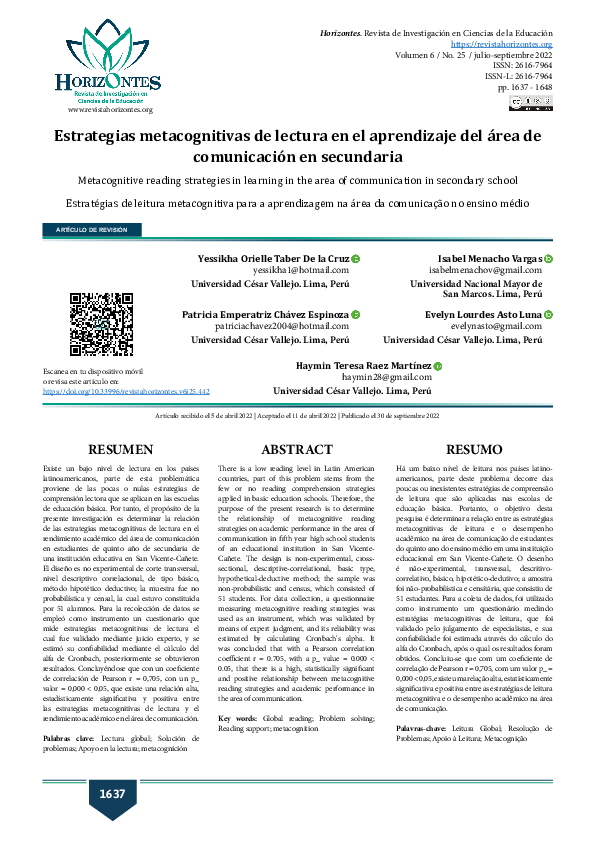 (PDF) Estrategias metacognitivas de lectura en el aprendizaje del área ...
