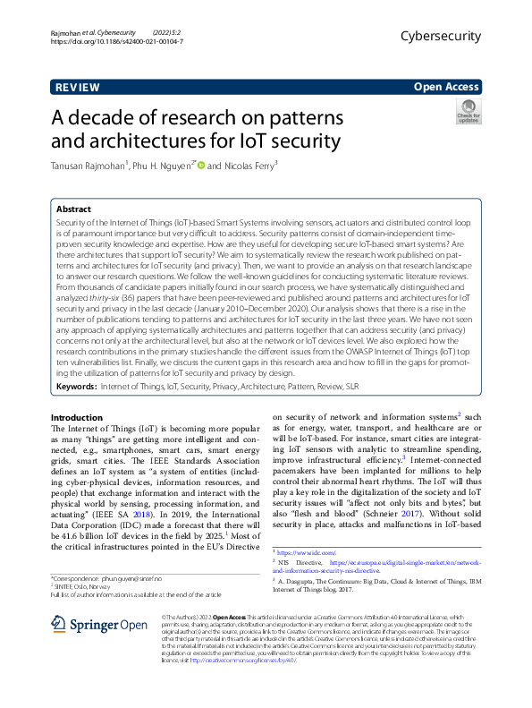 (PDF) A decade of research on patterns and architectures for IoT security