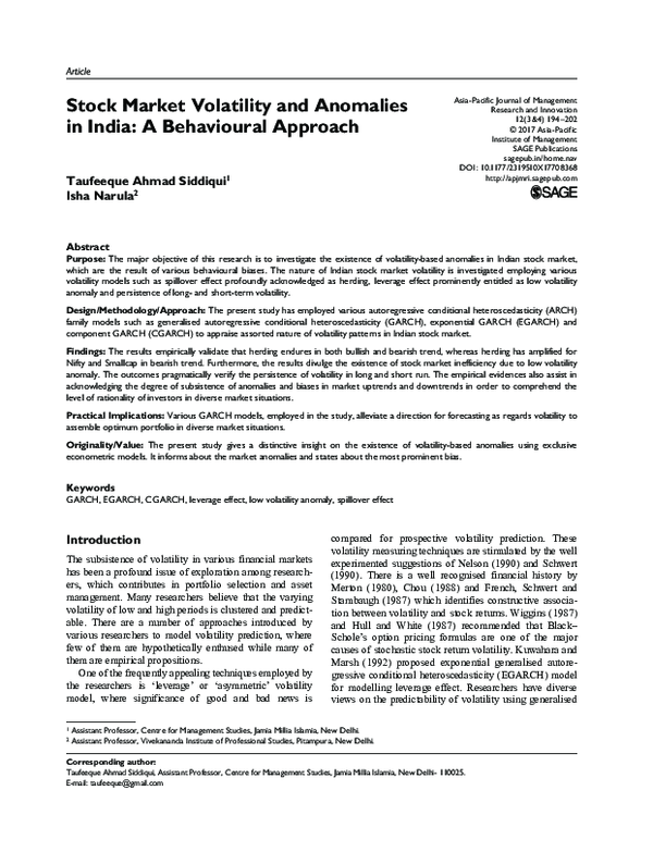 (PDF) Stock Market Volatility and Anomalies in India: A Behavioural ...