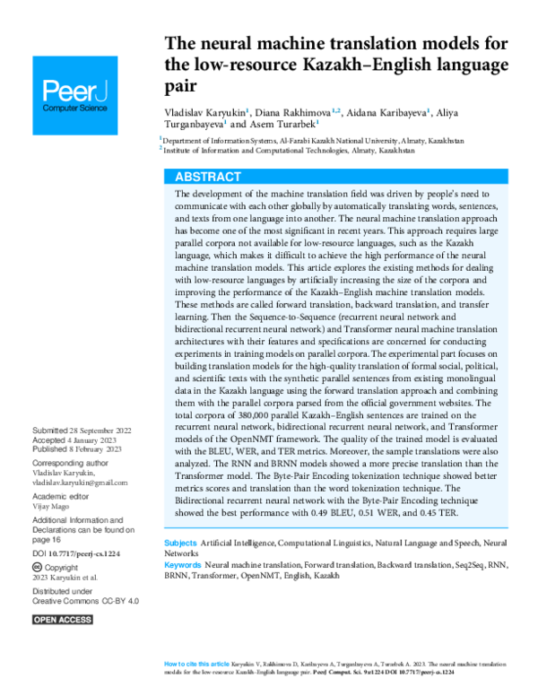 (PDF) The neural machine translation models for the low-resource Kazakh ...