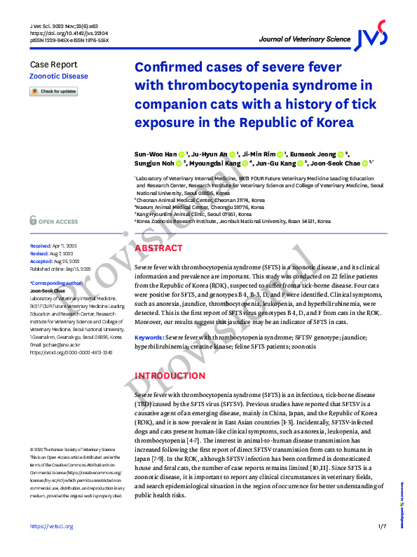 (PDF) Confirmed cases of severe fever with thrombocytopenia syndrome in ... - Cats With Thrombocytopenia