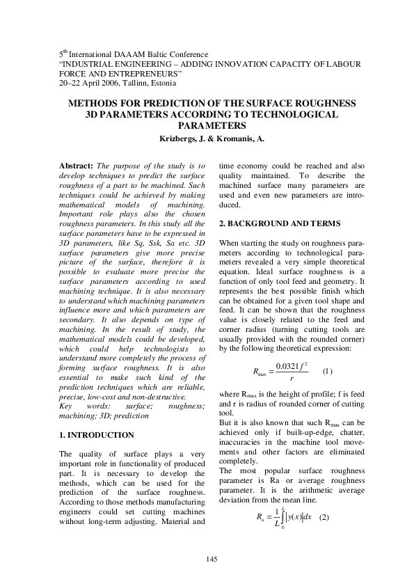 (PDF) Methods for prediction of the surface roughness 3D parameters ...