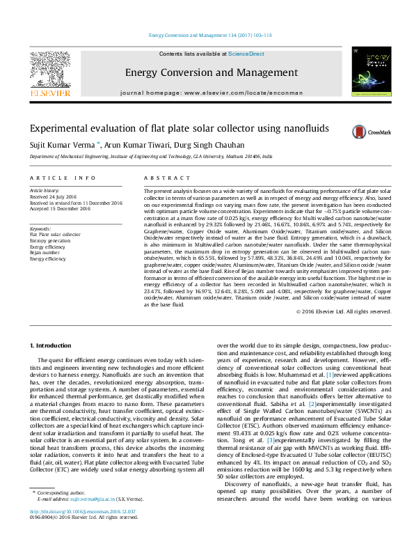 (PDF) Experimental evaluation of flat plate solar collector using ...