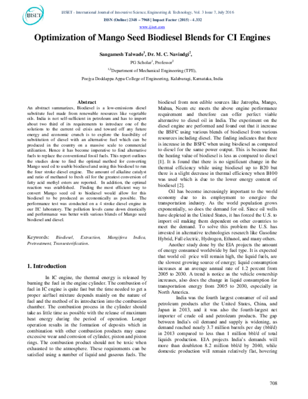 (PDF) Optimization of Mango seed biodiesel blends for CI engines