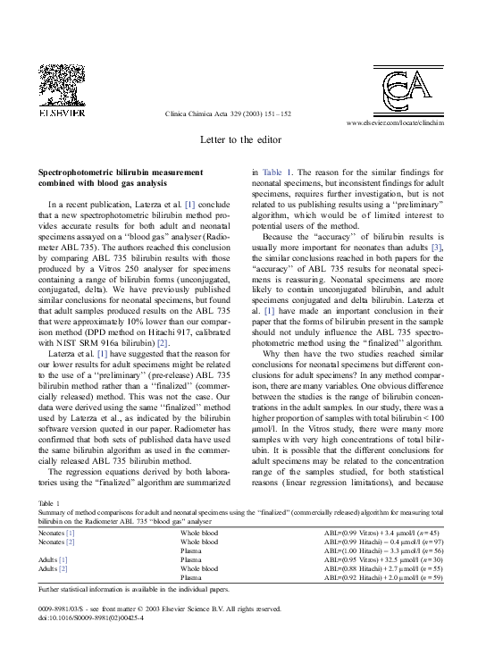 (PDF) Spectrophotometric bilirubin measurement combined with blood gas