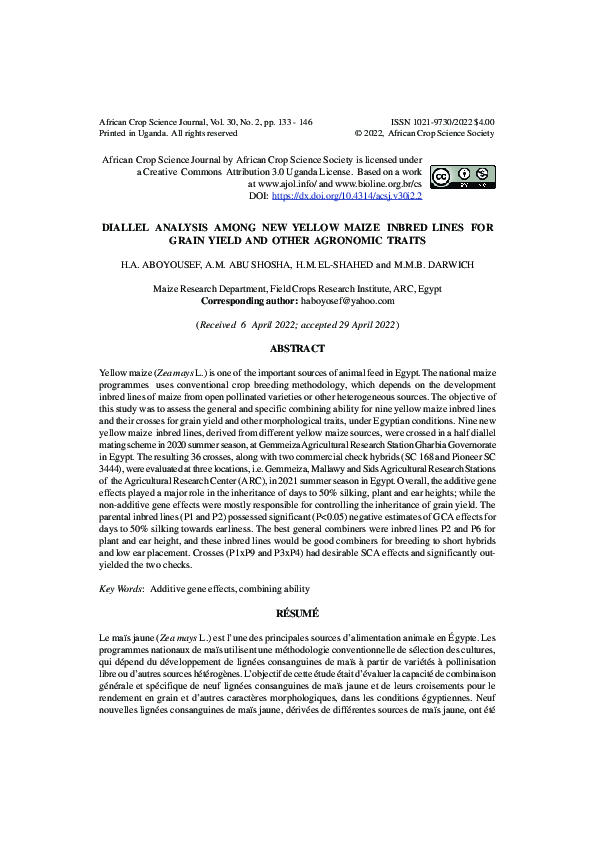 (PDF) Diallel analysis among new yellow maize inbred lines for grain ...