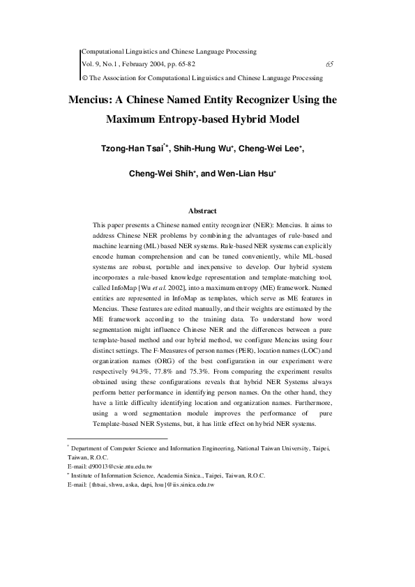 (PDF) Mencius: A Chinese Named Entity Recognizer Using the Maximum ...