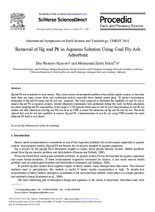 (PDF) Removal of Hg and Pb in Aqueous Solution using Coal Fly Ash Adsorbent