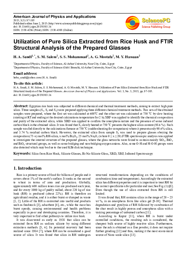 (PDF) Utilization of Pure Silica Extracted from Rice Husk and FTIR ...